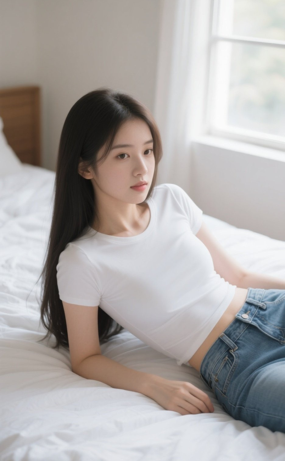 清纯系少女浅笑间，牛仔裤衬出灵动气质