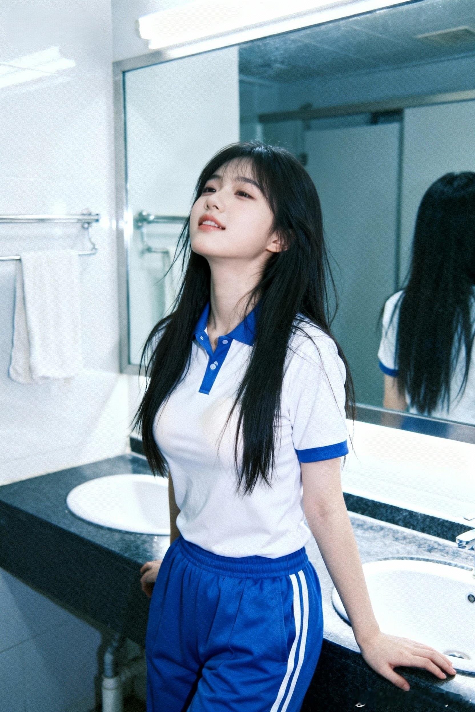 校服摆拍系列，衣服扎进去是要好看些因为衣服扎进去会显得收腰，要显身材一点点，露在