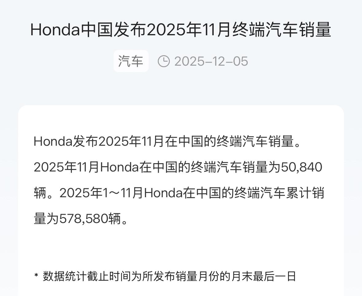 本田中国2025年11月终端汽车销量为50840辆，同比下降34%，1～11月累