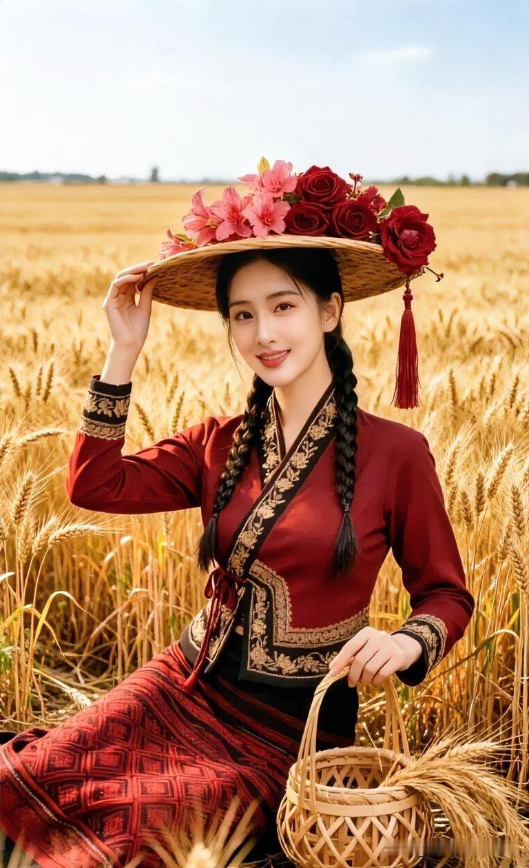金穗摇曳，红裳草帽，繁花点缀，笑意盈盈，田园诗意，自然之美尽显温婉风情。
