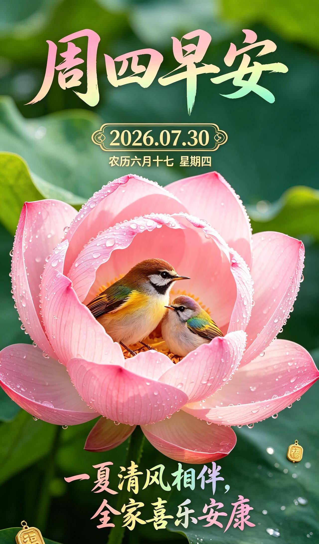 周四清晨，送上一份清爽问候🪷。眼前荷花盛放，绿意盎然，在喧嚣日子里寻一份内心安