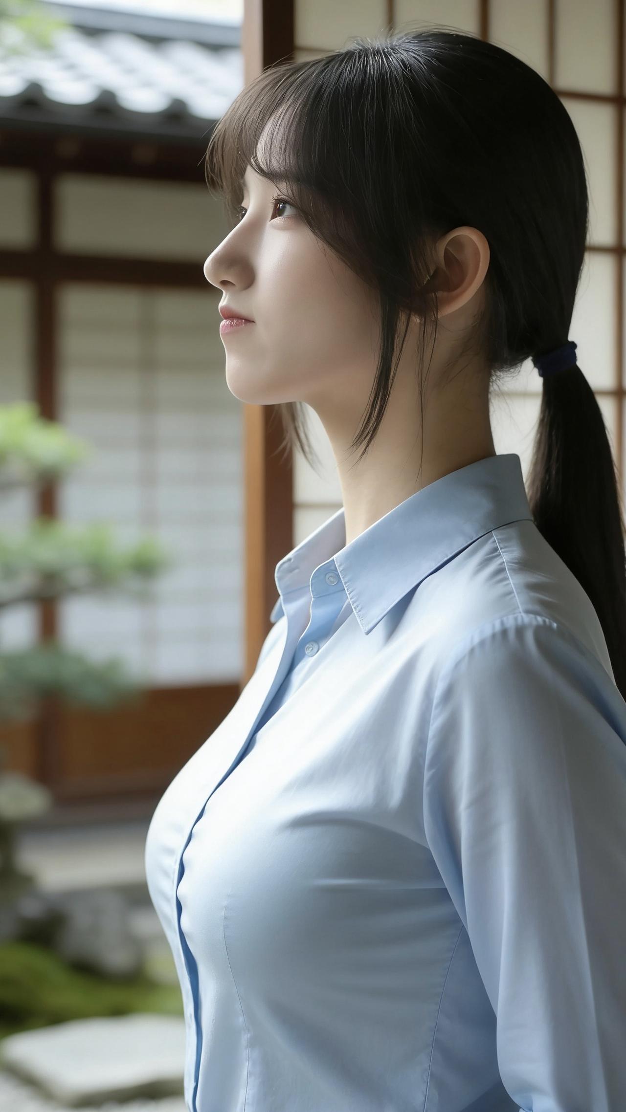 浅蓝衬衫的布料沾着晨间微凉的潮气，她静立在日式庭院的檐下，目光追着檐角垂落的雨丝