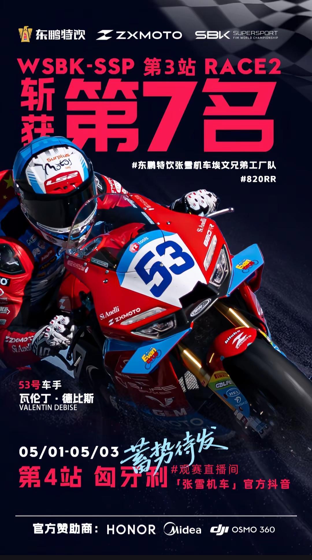 张雪机车荷兰站比赛第2回合获得第7名的好成绩！下一轮比赛是5月1日至5月3日