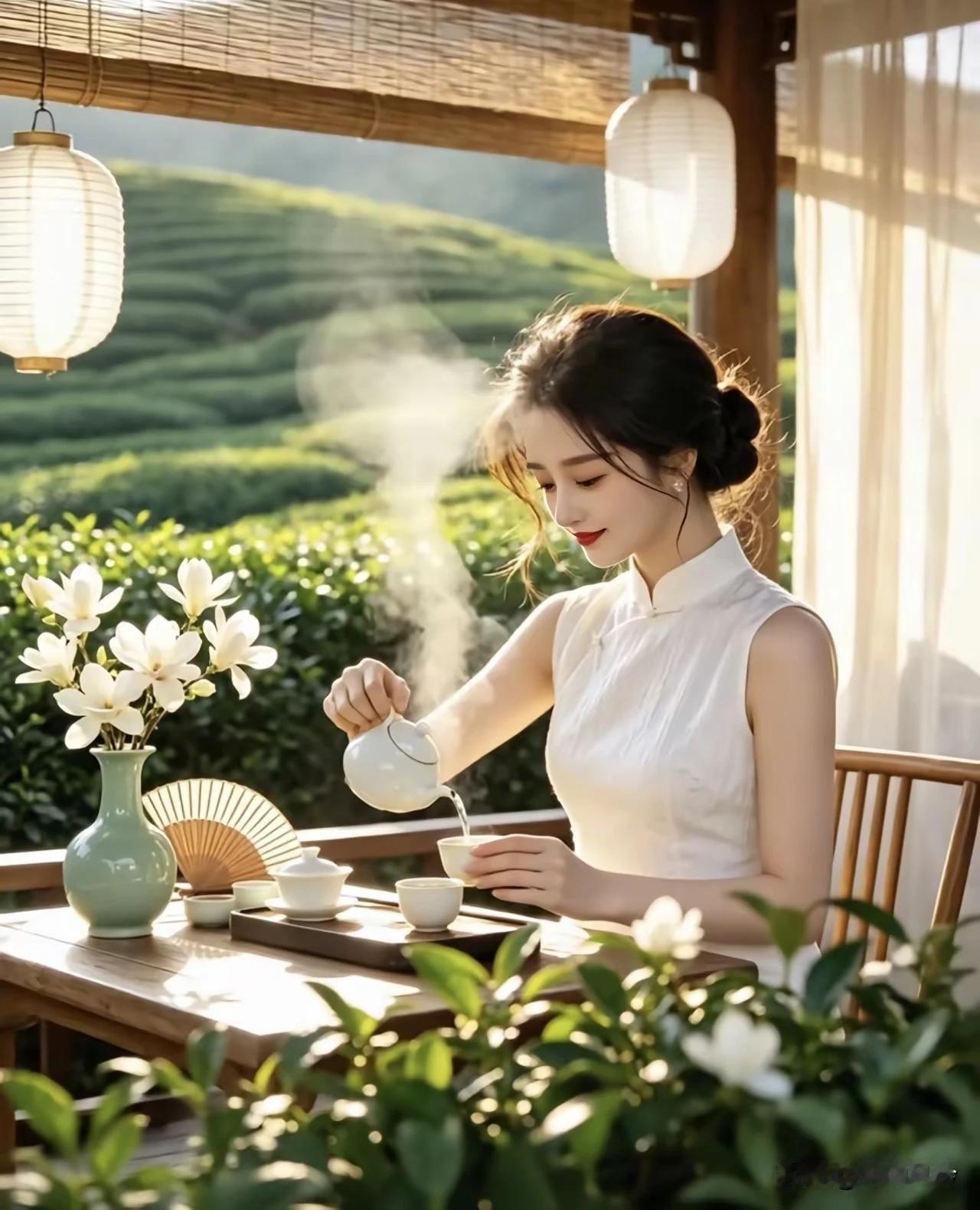 佳人纤手煮新茶，慢捻清泉入紫砂。一缕幽香随风起，沁人心扉穿轩纱。