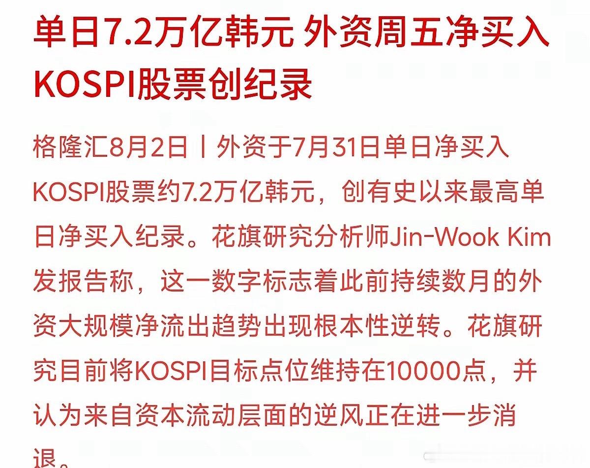 周五外资在韩国股市的操作直接刷新了历史纪录单日狂买7.2万亿韩元，创下史上最高单