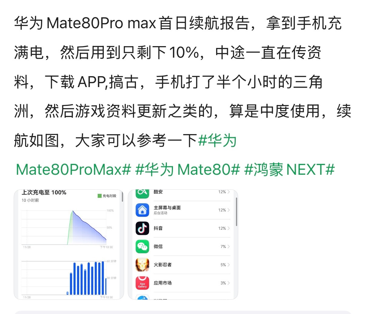 华为Mate80Promax的真实用户续航体验，可以参考下