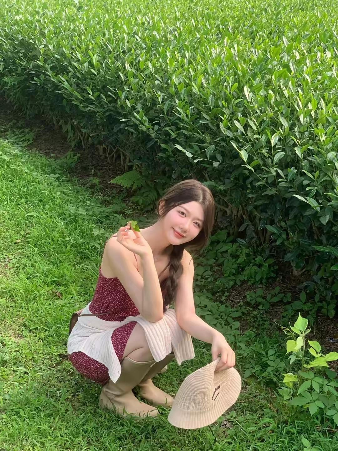 田园少女与自然亲密接触，采摘绿叶的美好时光。