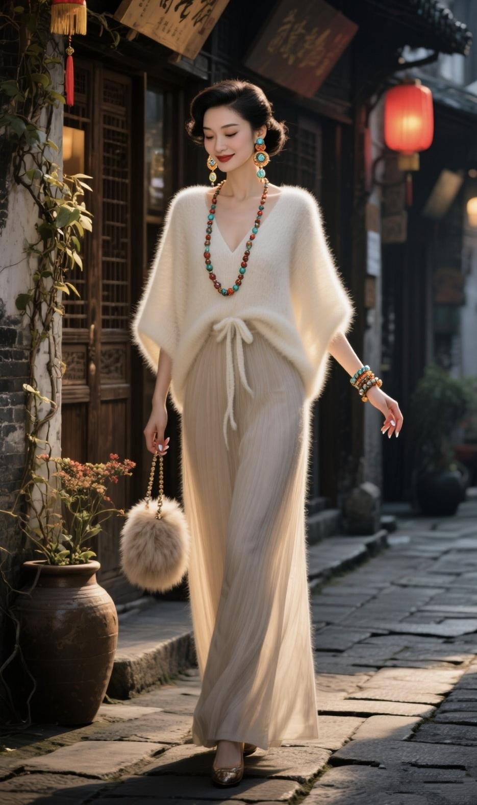 《青石板上的回响》青石板衔着晨光，她从深巷里走来，绒衫轻裹着江南的软，