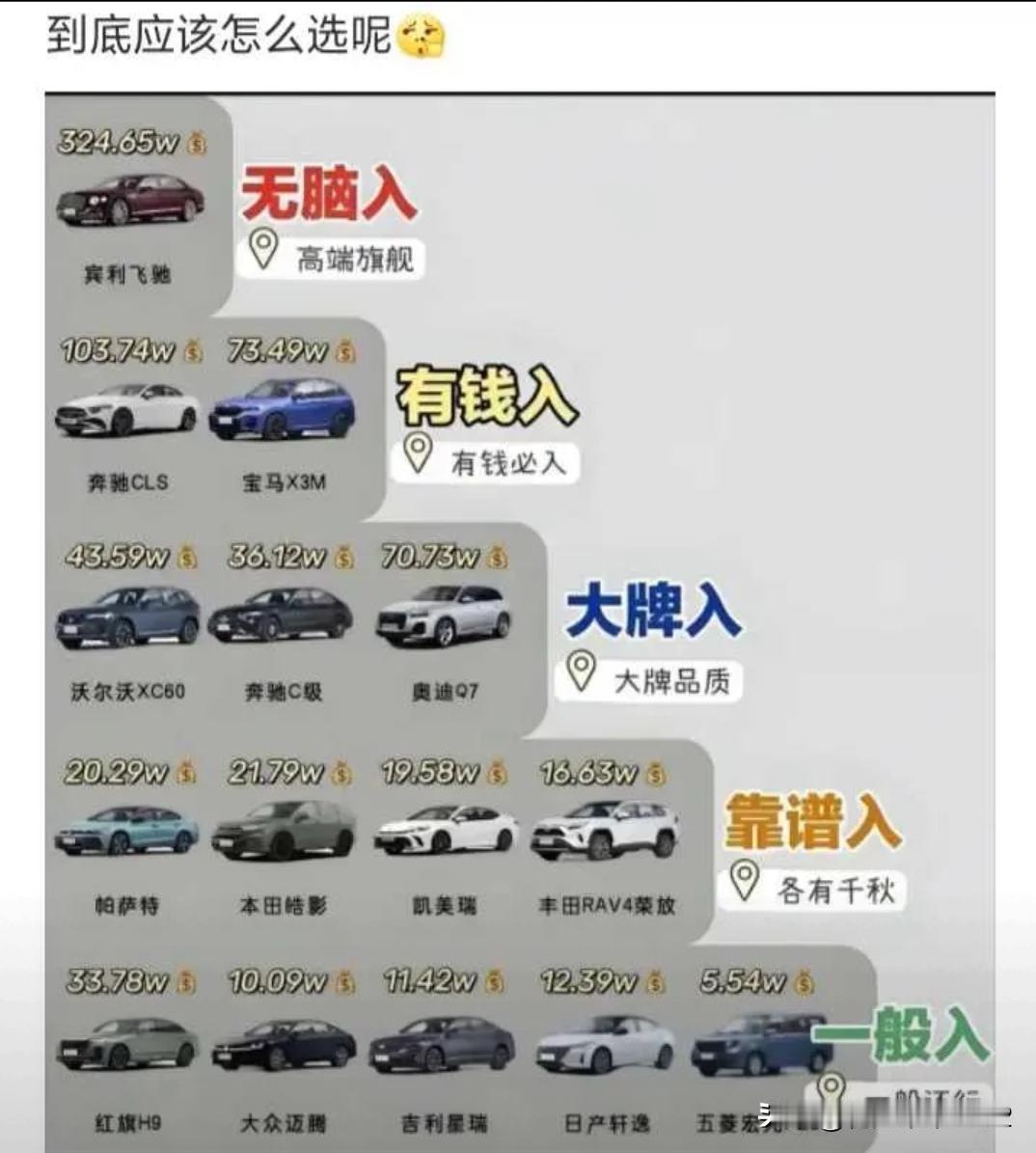 这张图把选车的“人间真实”给玩明白了！从“无脑入”的宾利到“一般入”的五菱，精准
