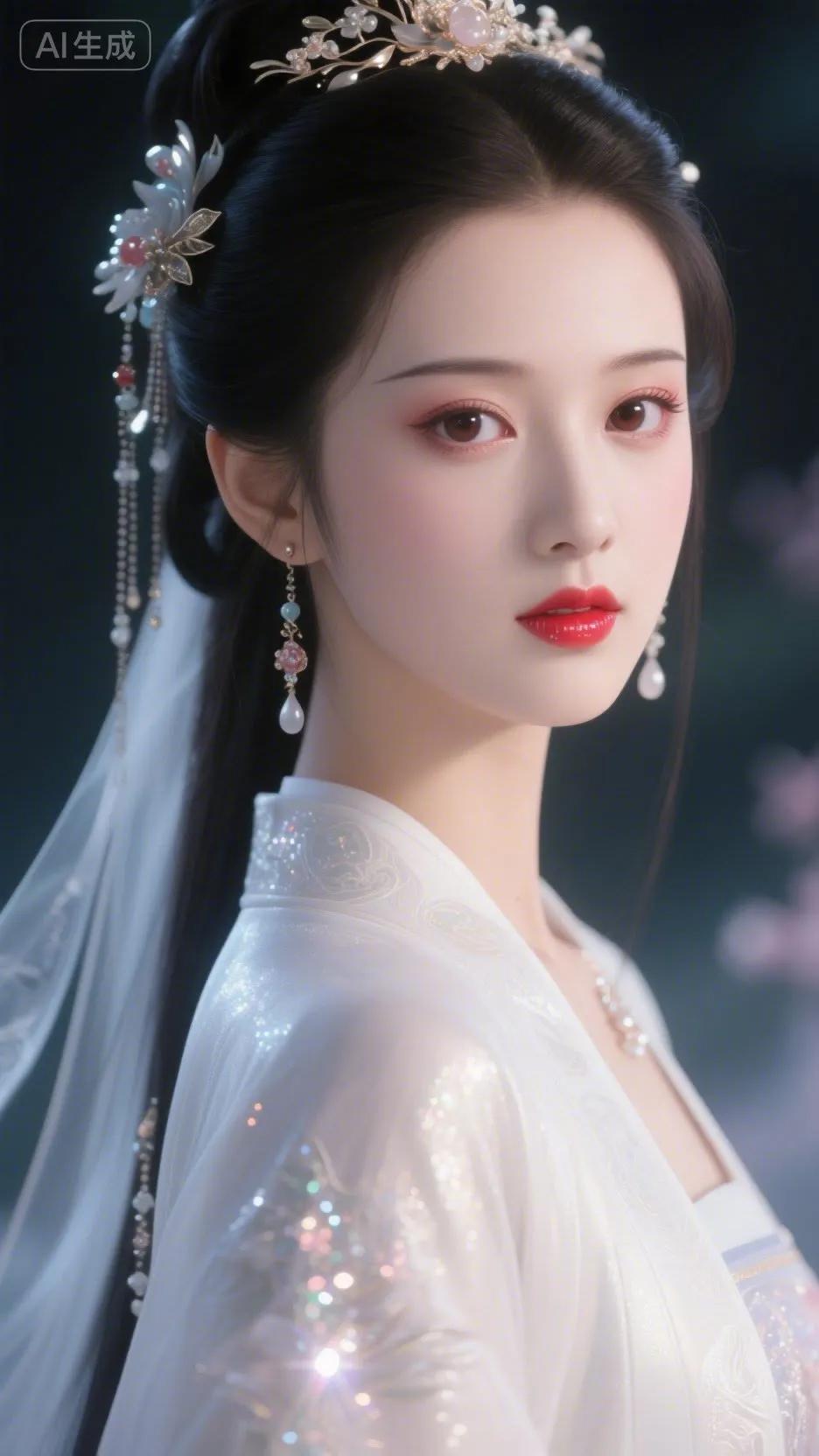 梦幻古风美人，红唇轻启，似在诉说千年的故事。