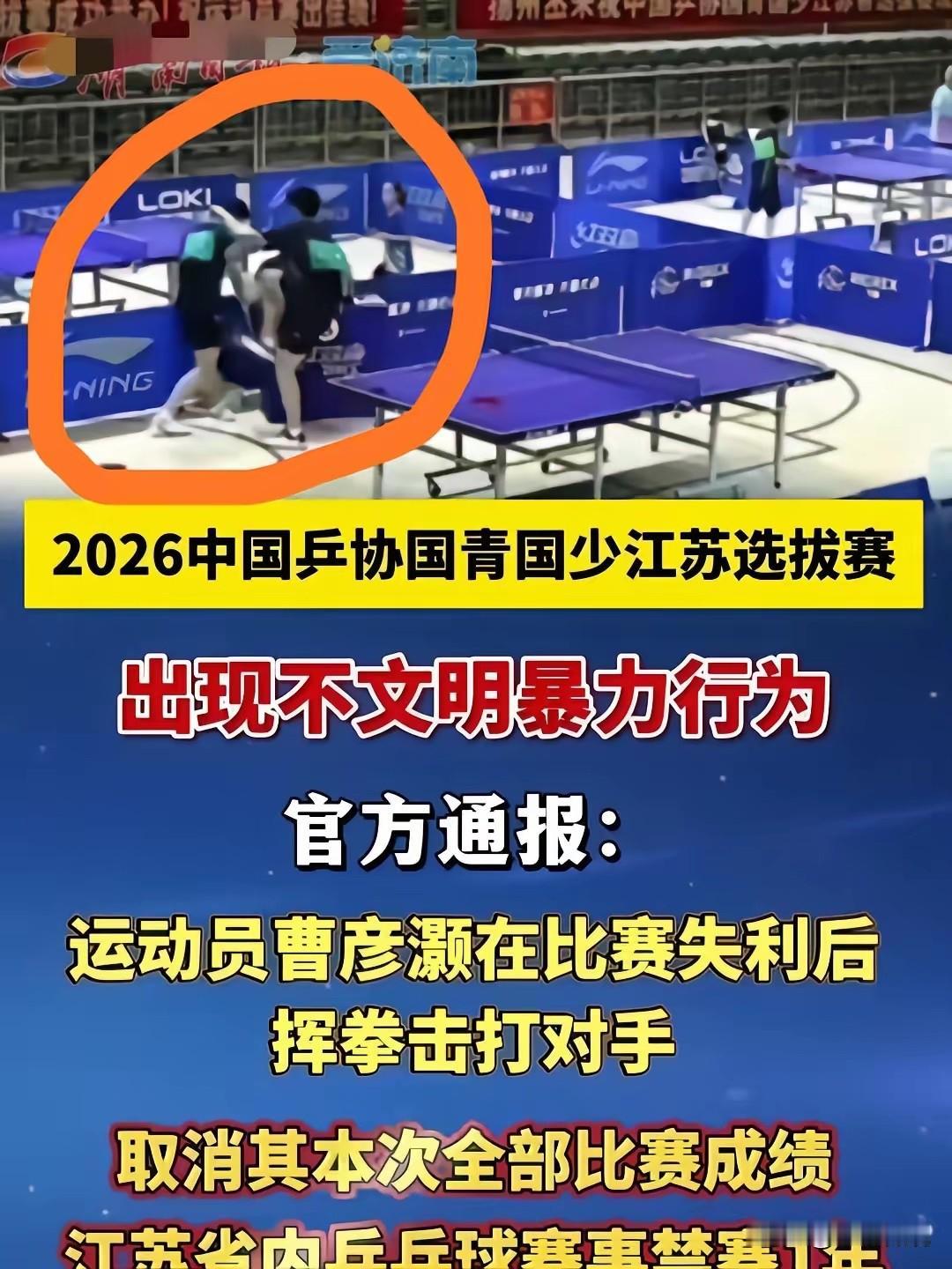 对于曹彦灏必须终身禁赛！曹彦灏输球后殴打对手贺睿辰，被贺睿辰打了个11:0，他