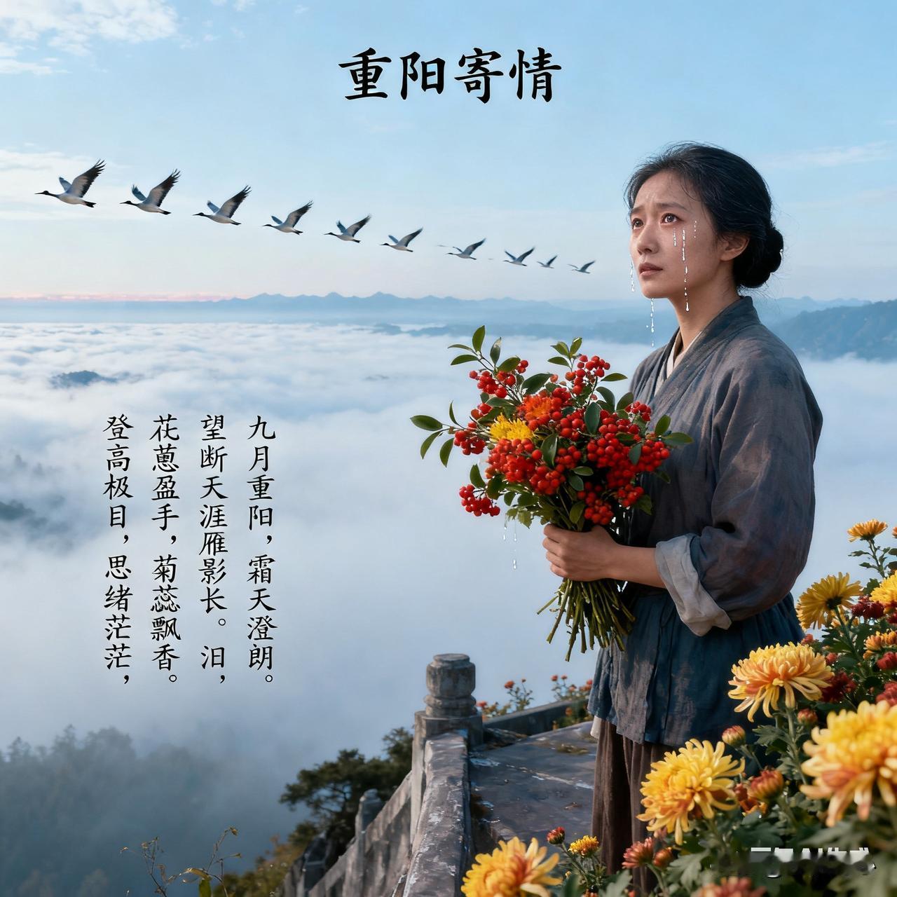 《重阳寄情》乐韵诗心原创诗词:九月重阳，霜天澄朗。望断天涯雁影长。茱