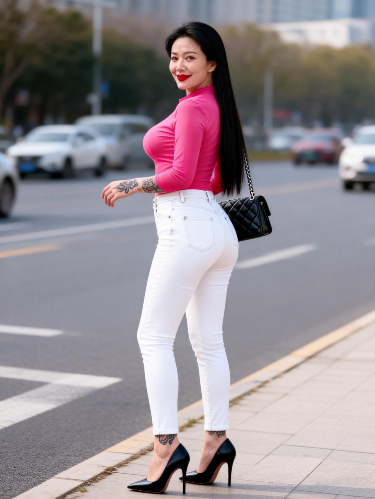 都市街拍：粉衣红唇，时尚穿搭，自信满满！