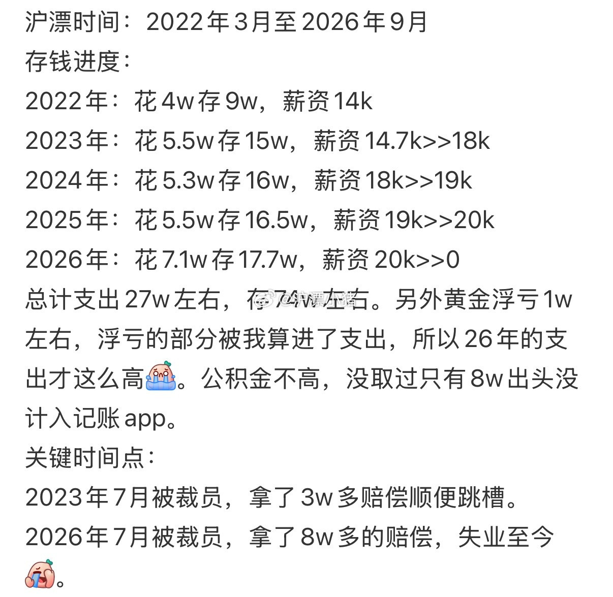 刷到了网友的一篇帖子，分享的是他自己有在上海沪漂4年，存了80万的心路历程。这个对于普通人来说，我觉