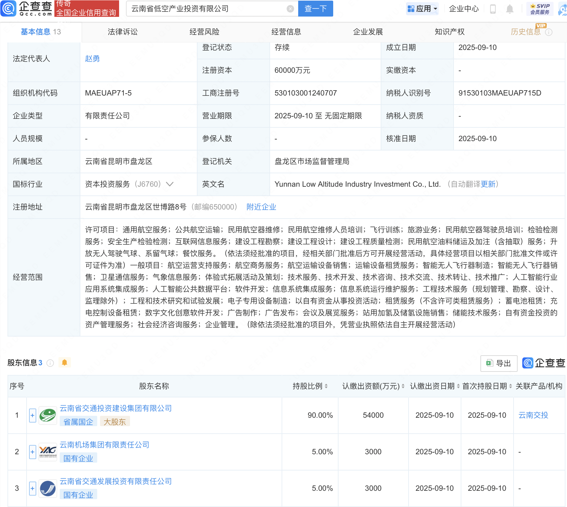 云南省低空产投公司成立, 注册资本6亿元