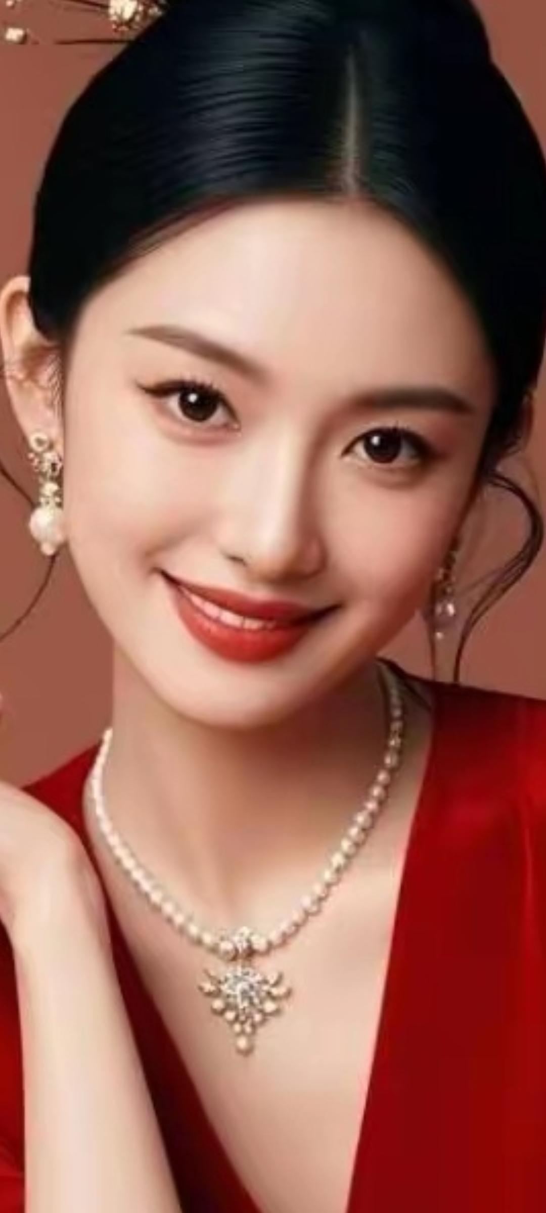 优雅红衣美人，珍珠项链闪耀，微笑动人！