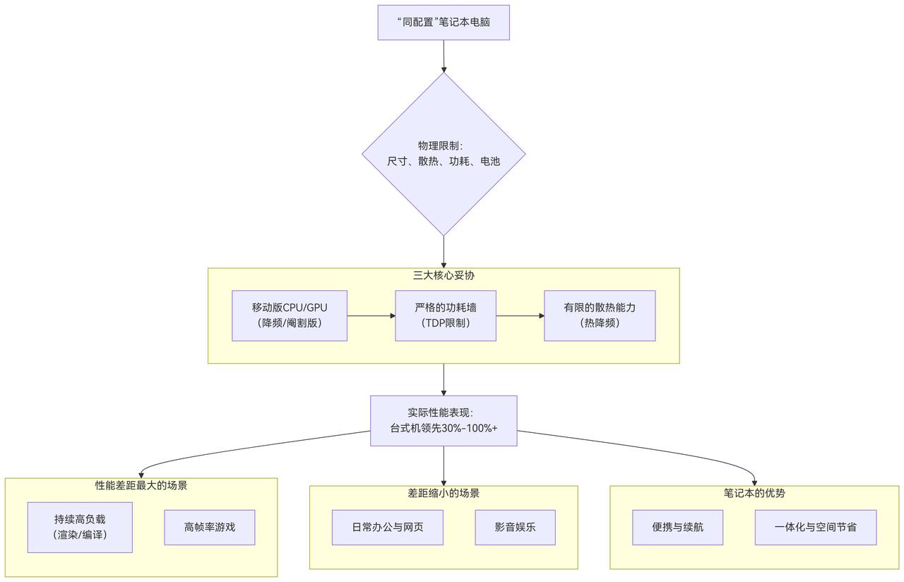 为什么笔记本电脑和台式机同样的配置性能差别那么大？今天一张图让你明白为什么。