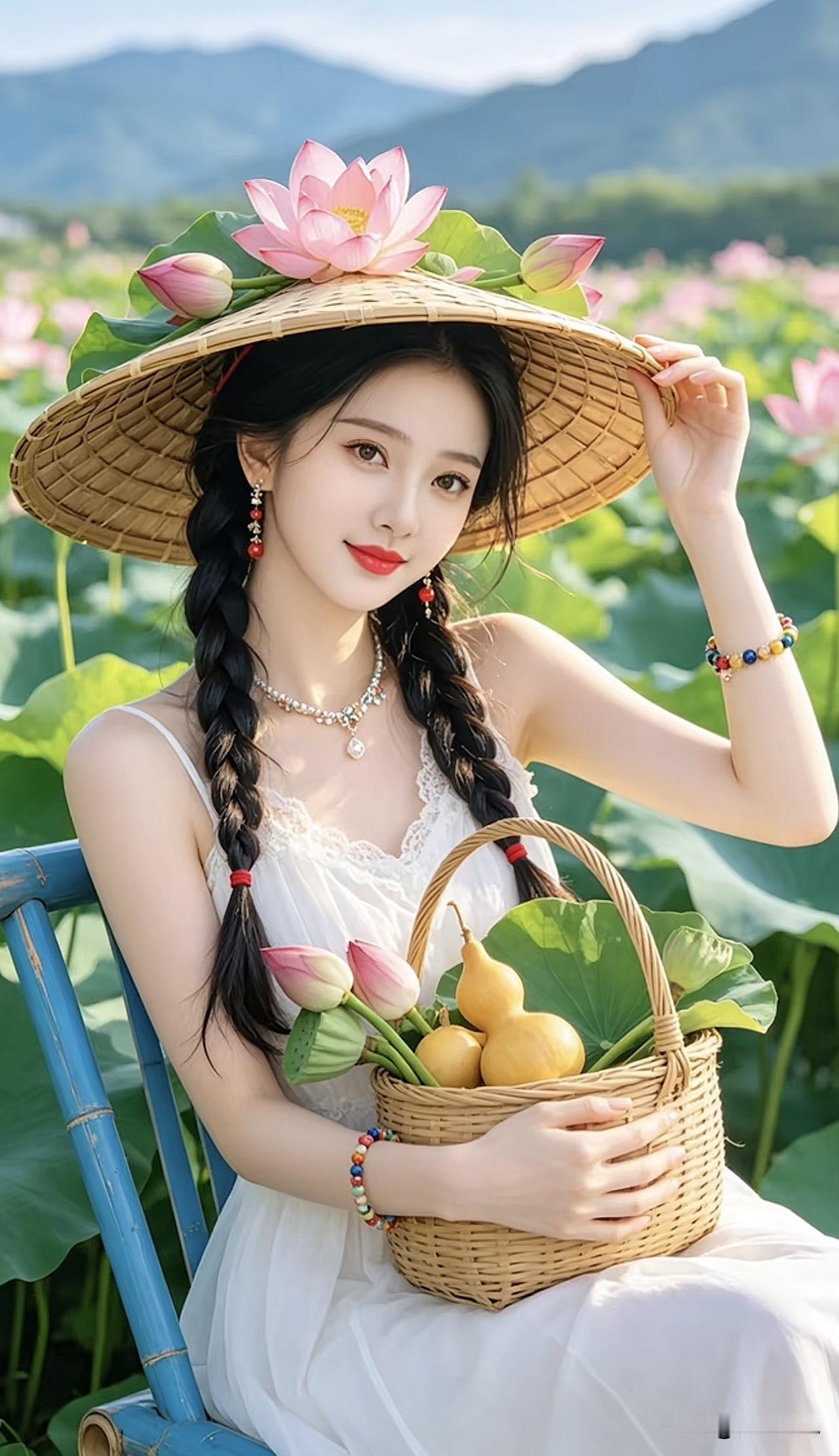 夏日荷塘少女，手捧竹篮，花海中的清新时光荷塘梦幻写真荷塘氛围感写真荷塘绿意写