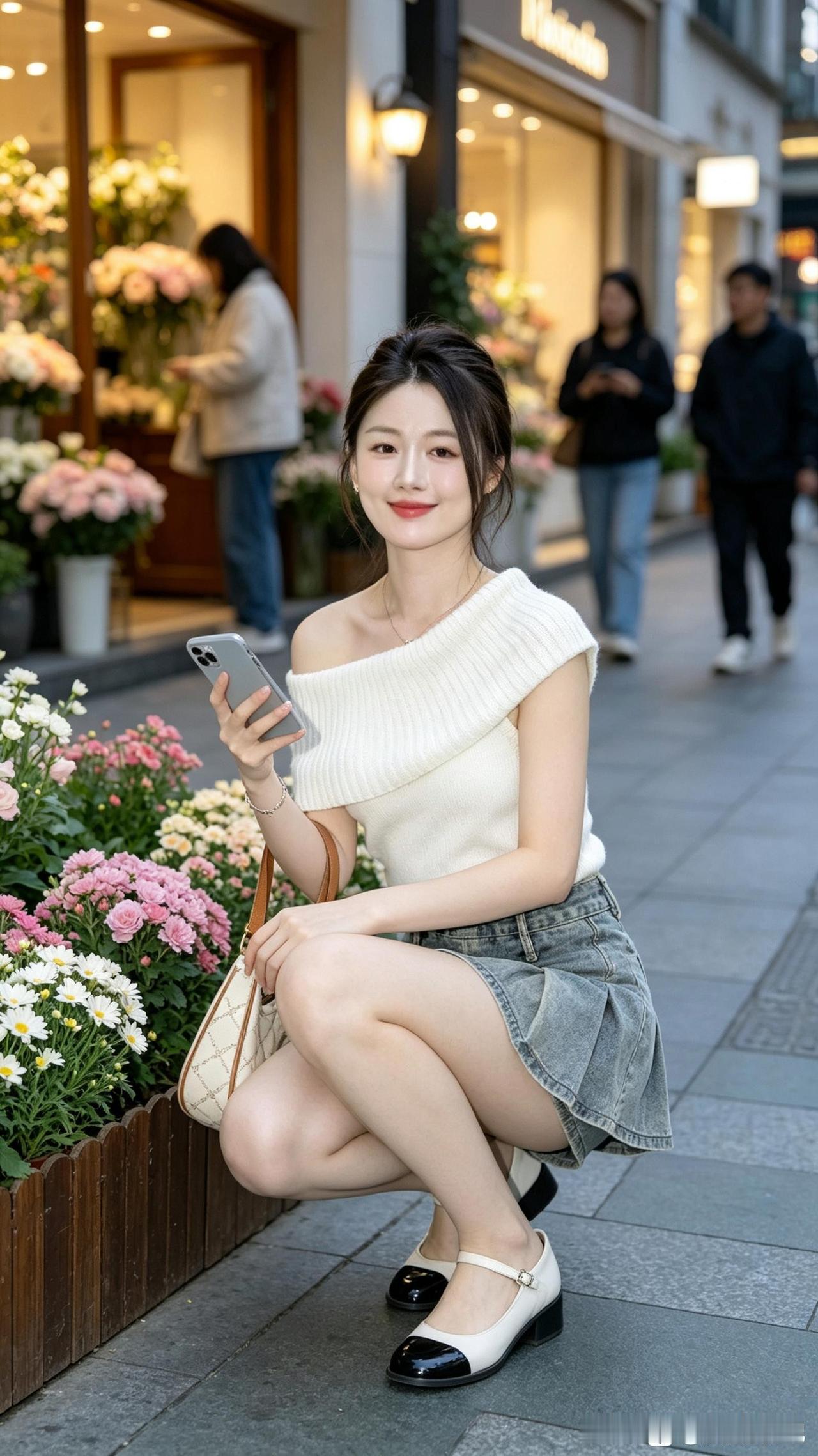 都市时尚少女，白色露肩上衣搭配牛仔短裙，优雅气质满满！