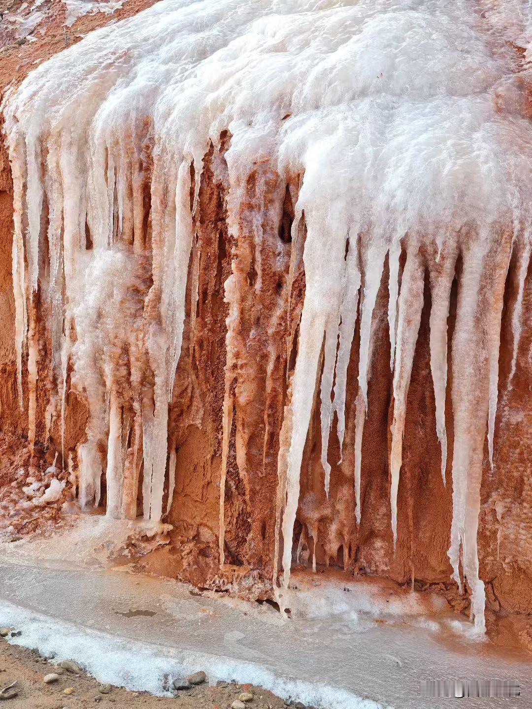 渭河里的冰棱，挂在红色的河床上，真美！