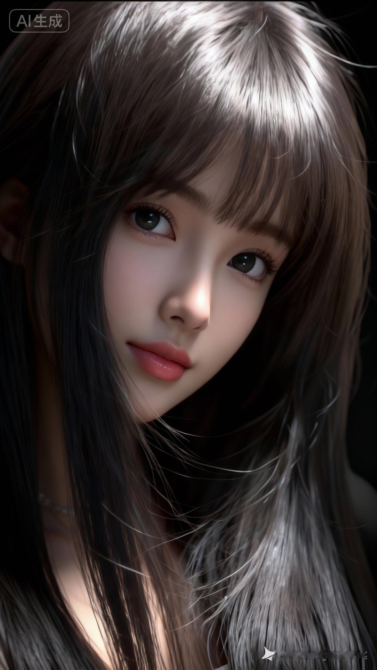 18岁美女面部特写，拥有绝色容颜，哑光黑底衬托朦胧轮廓剪影。水汪汪的眼眸坚定又柔