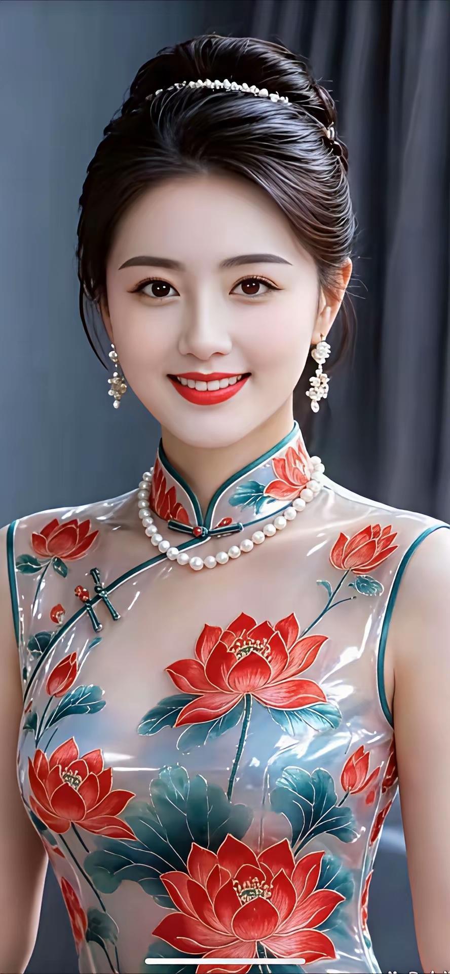 这位美女穿着花旗袍，好漂亮！