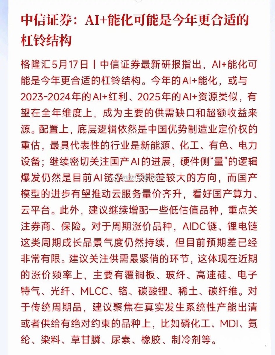 中信给出了今年的主线操作策略以及配置的板块中信：今年炒股优先搞AI赛道和能源化工