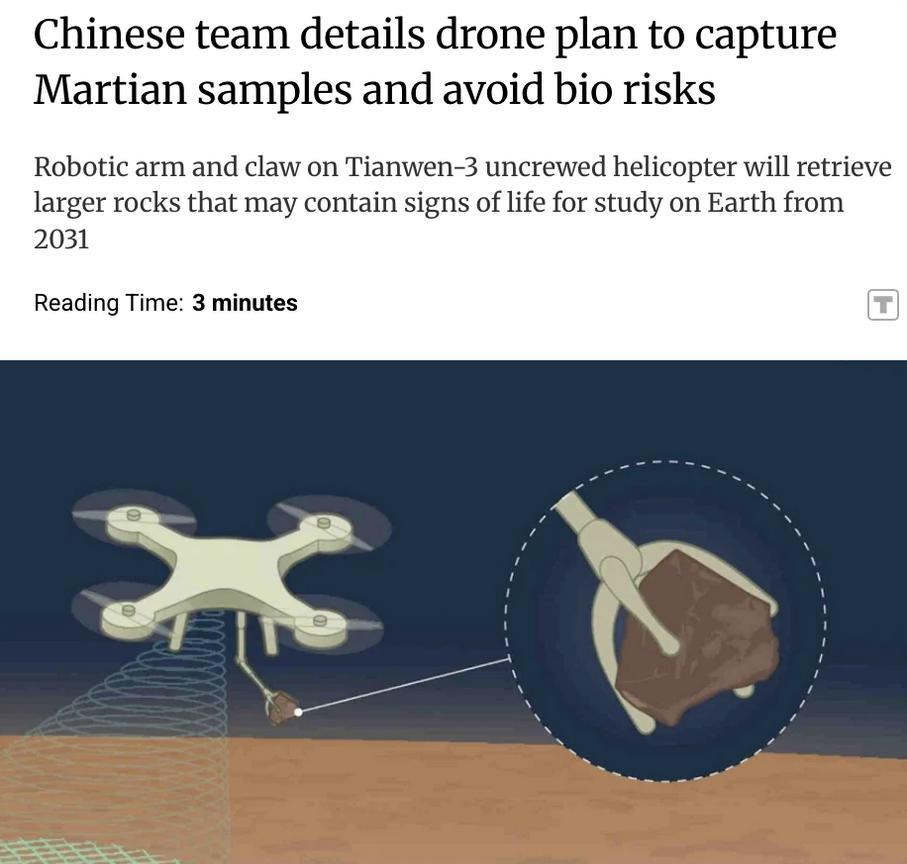 外媒：中国团队公布火星样本无人机采集计划，规避生物风险中国公布其“天问三号”火