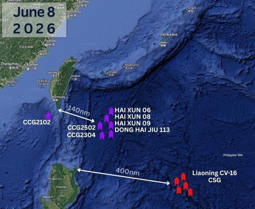 辽宁舰队仍然在菲律宾东海岸！6月8日消息，辽宁舰航母编队位于吕宋岛以东，大约