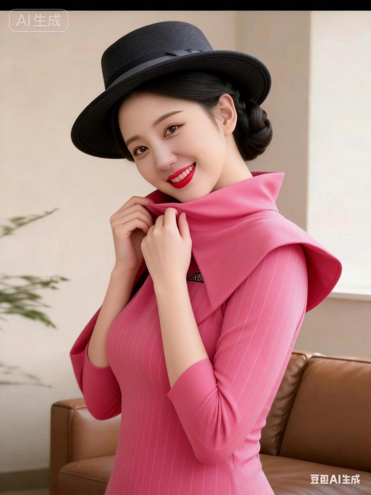 粉衣美人笑，红唇似火燃。