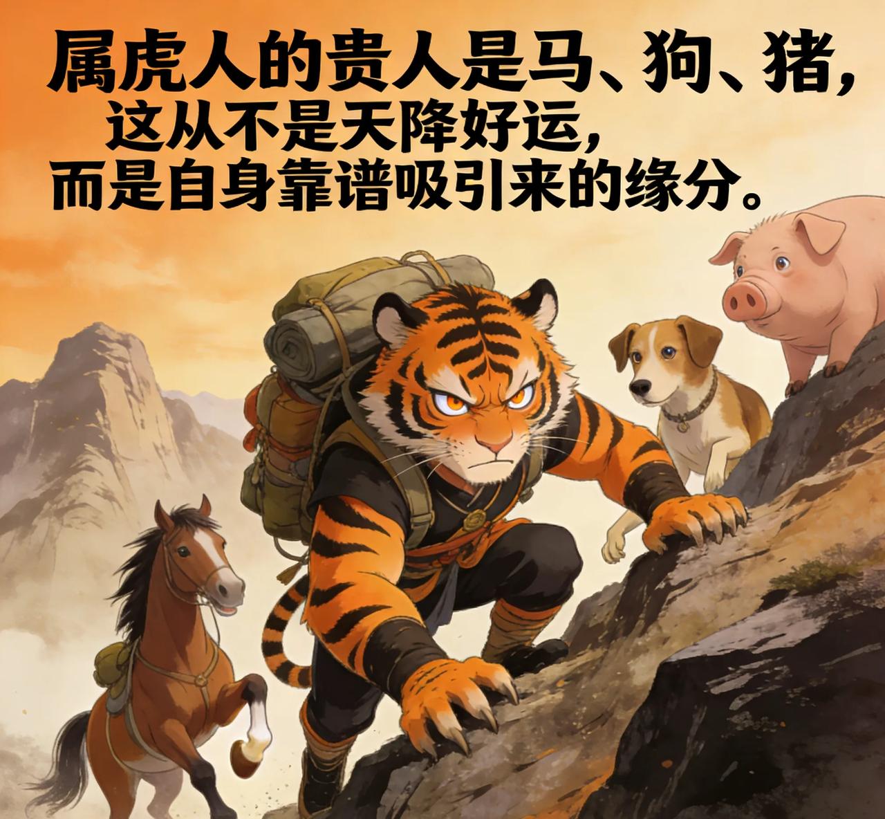 属虎人的贵人是马、狗、猪，这从不是天降好运，而是自身靠谱吸引来的缘分。属虎人敢闯