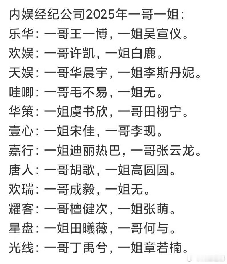 内娱经纪公司一哥一姐娱乐公司一哥一姐名单来了！​​​