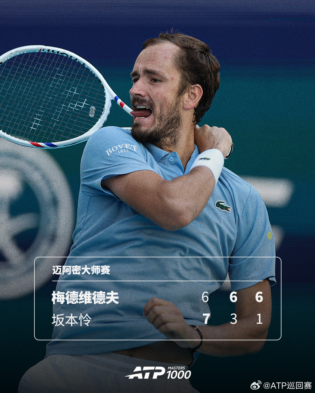 强势逆转💦ATP1000迈阿密大师赛第二轮，9号种子梅德维德夫小遇挑战，以6