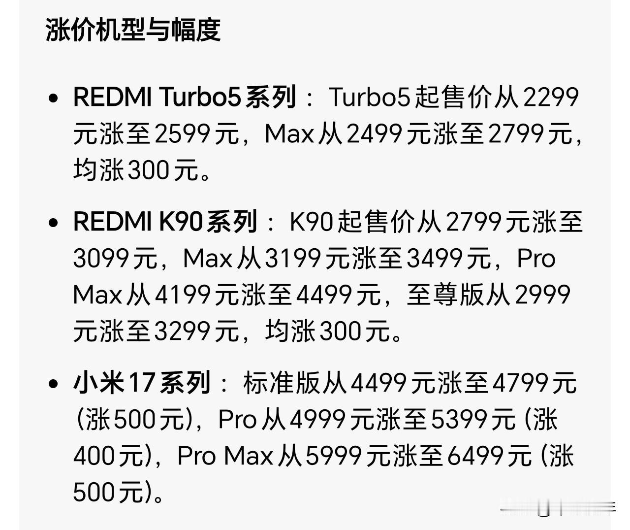 8月2日，小米多款手机正式涨价，涉及REDMITurbo5系列、K90系列及小