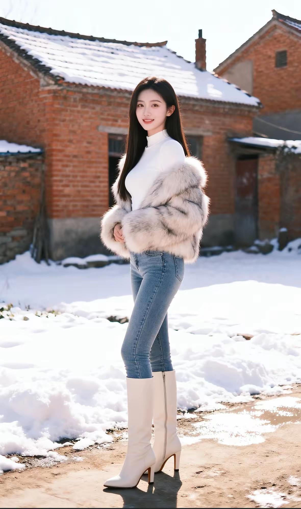 雪落乡间的红砖瓦舍旁，皮草的柔暖撞上山村冬雪的清冽，白衫牛仔配长靴，把都市的精致