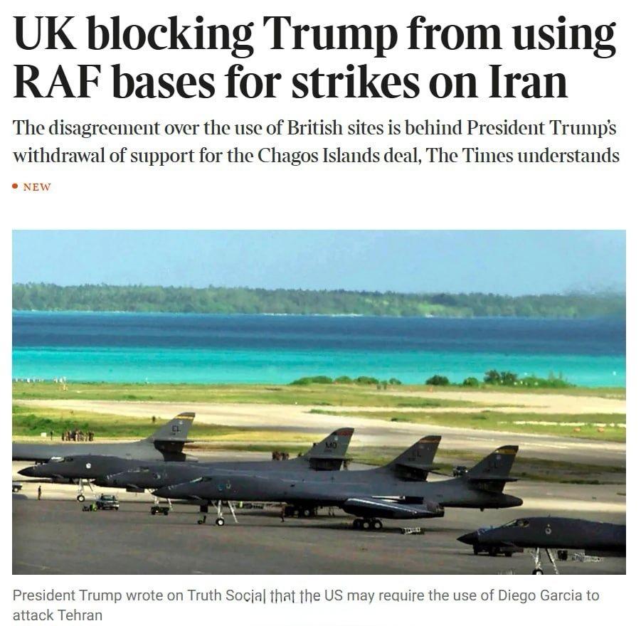 据英国《泰晤士报》报道，由于英国拒绝批准美国使用迪戈加西亚岛和费尔福德皇家空军基