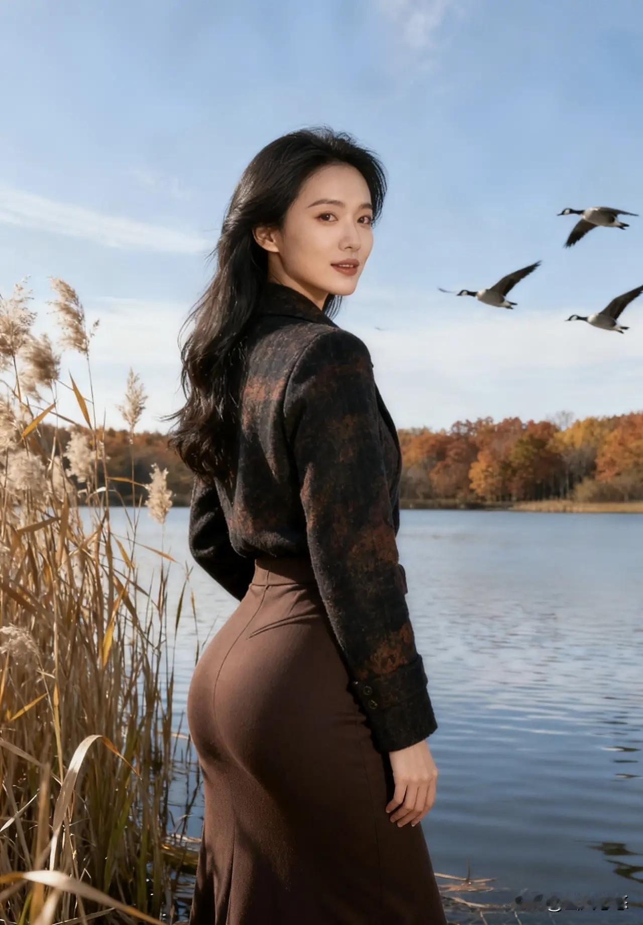 湖畔娴雅展笑靥，南归飞雁舞风姿。