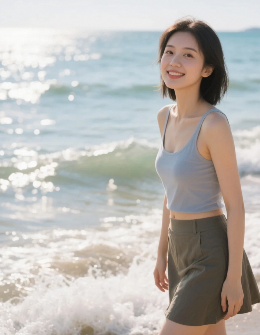 海边浪花边的亚洲美女，阳光下展现青春活力