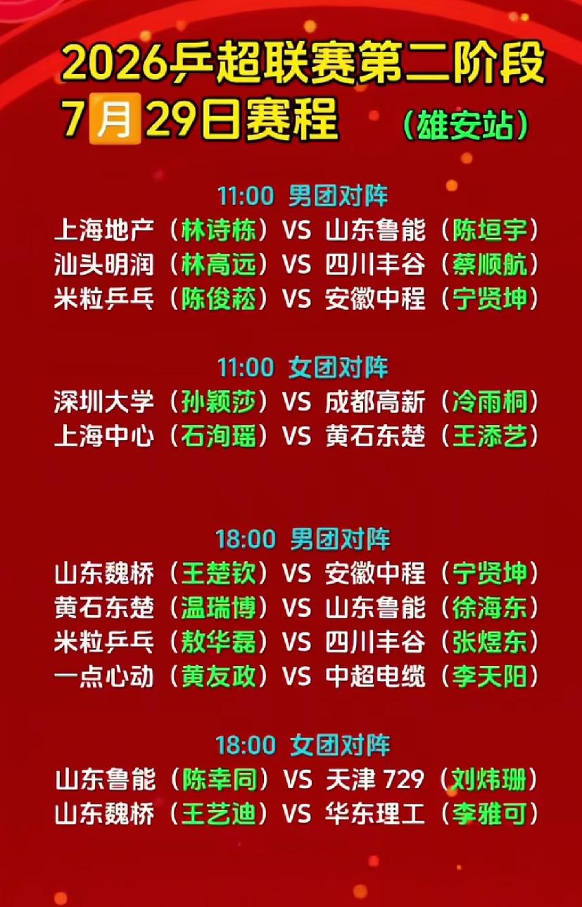 乒超联赛7月29日赛程:五大看点7月29日，2026年乒超联赛常规
