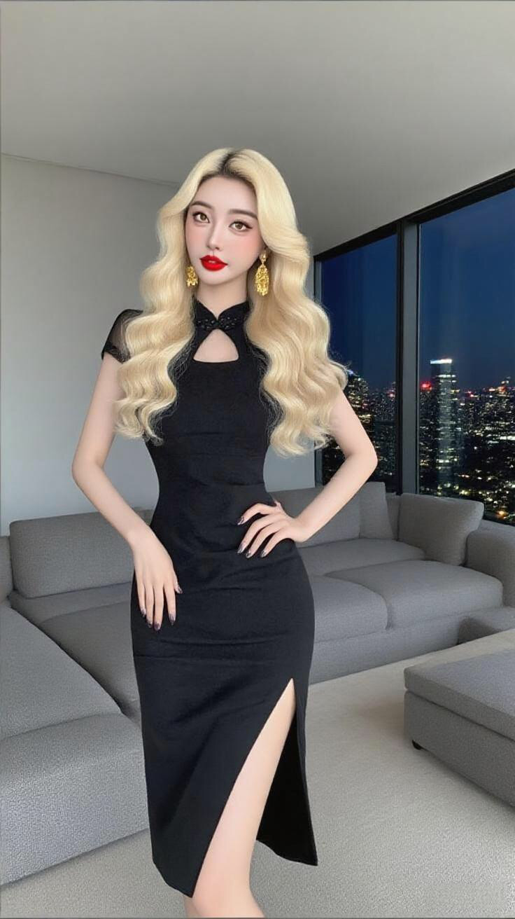 黑色旗袍勾勒出我的优雅轮廓。