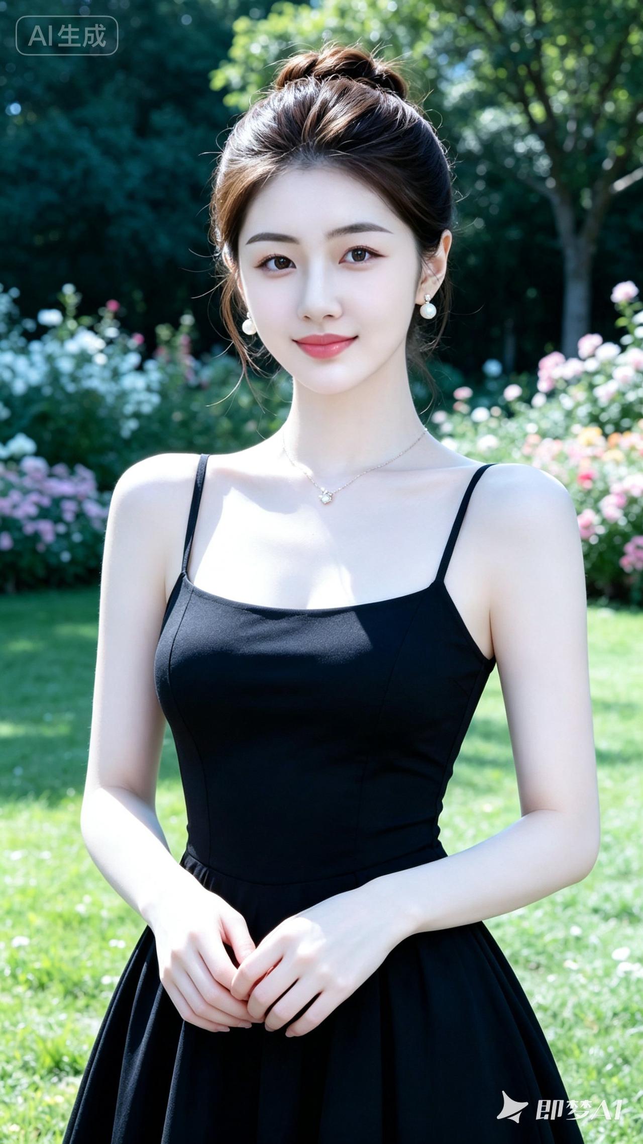 优雅黑裙，花海中的甜美少女