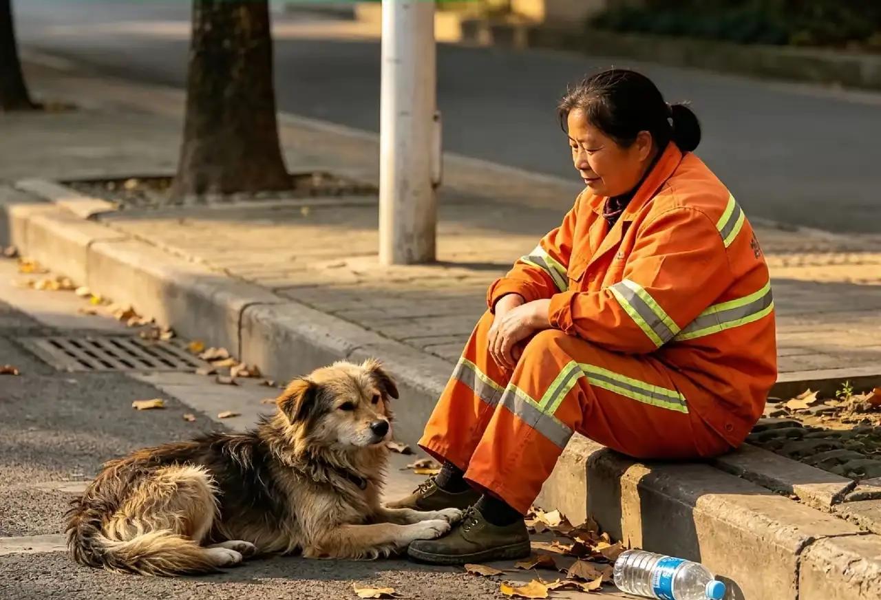 一位环卫阿姨，捡了一只流浪狗。那只狗以前没人管，又瘦又脏，阿姨心疼它，每天带吃的