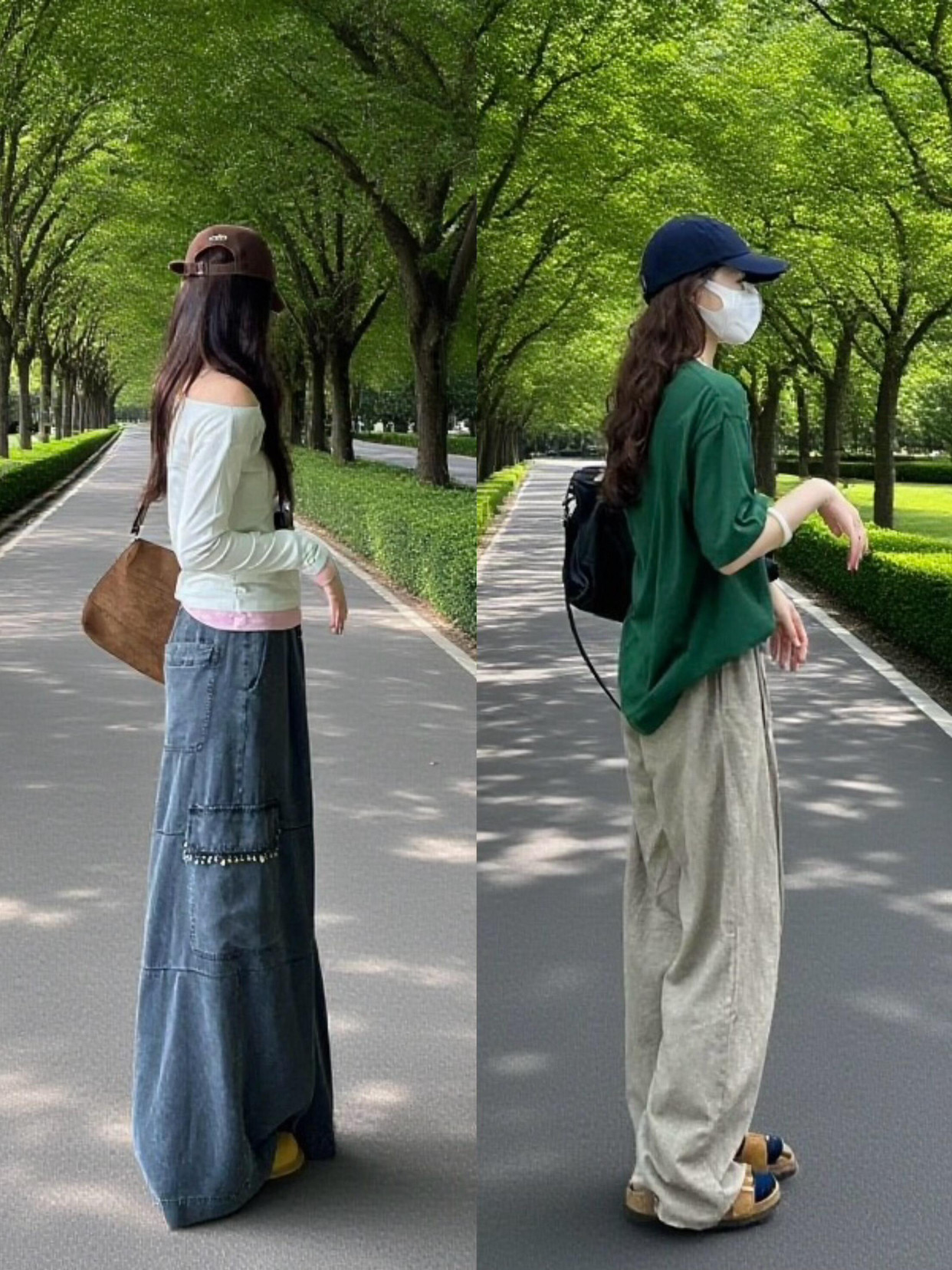 秋季穿搭更离不开彩色呀！还有绿色与卡其色得组合，清爽又减龄。可以选择低饱和度的彩色，咸菜绿、姜黄色或