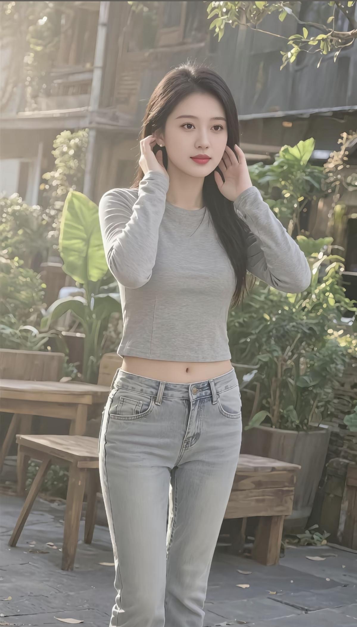 绿衣美人倚木椅，轻抚耳畔听风吟。