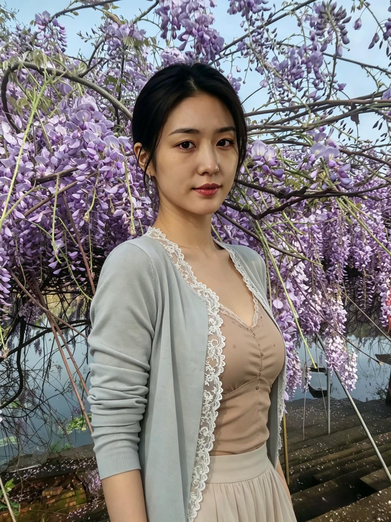 花瀑倾泻满枝落在你温柔的肩侧蕾丝边缀着春日心事一眼惊鸿，定格此刻繁花万千