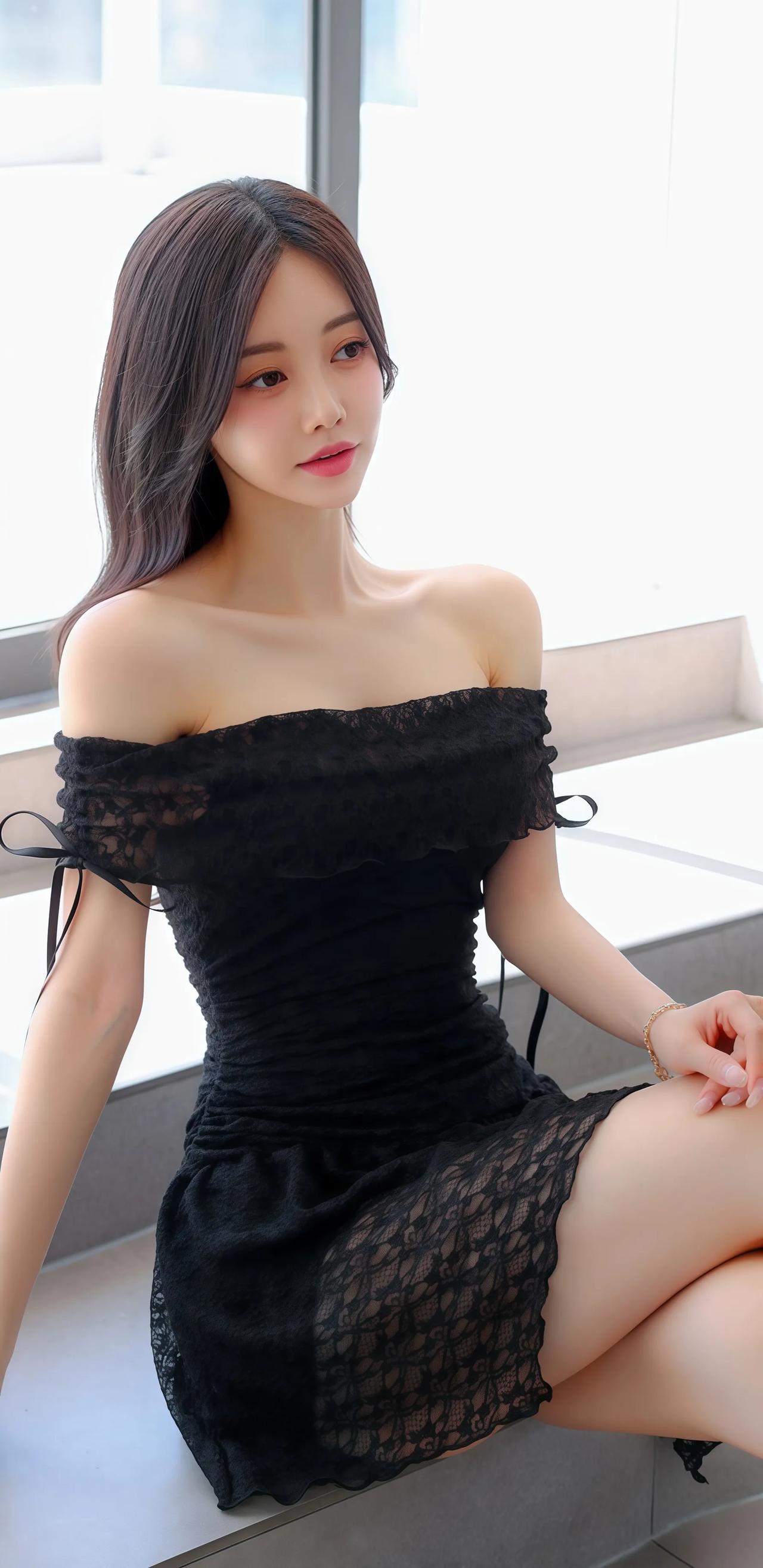 优雅黑裙，甜美少女心，窗边轻倚，温柔如画。