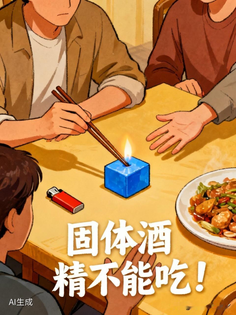 有表兄弟二人和其他朋友去饭店用餐。服务员将一个盛着三块蓝色固体酒精燃料的盆子放在