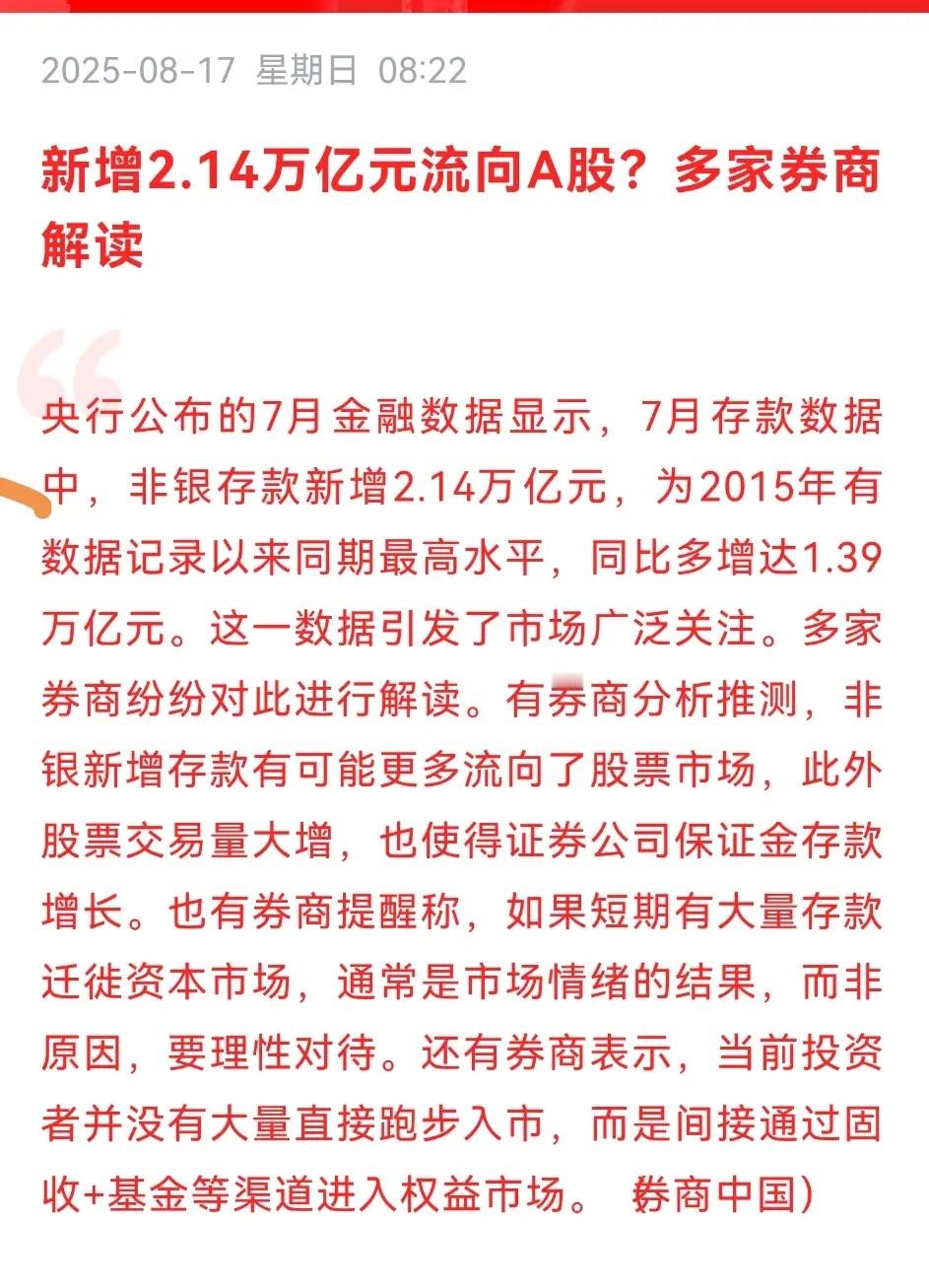 非银存款新增2.14万亿，如果这些钱都去股市了，会带来大牛吗？最近央