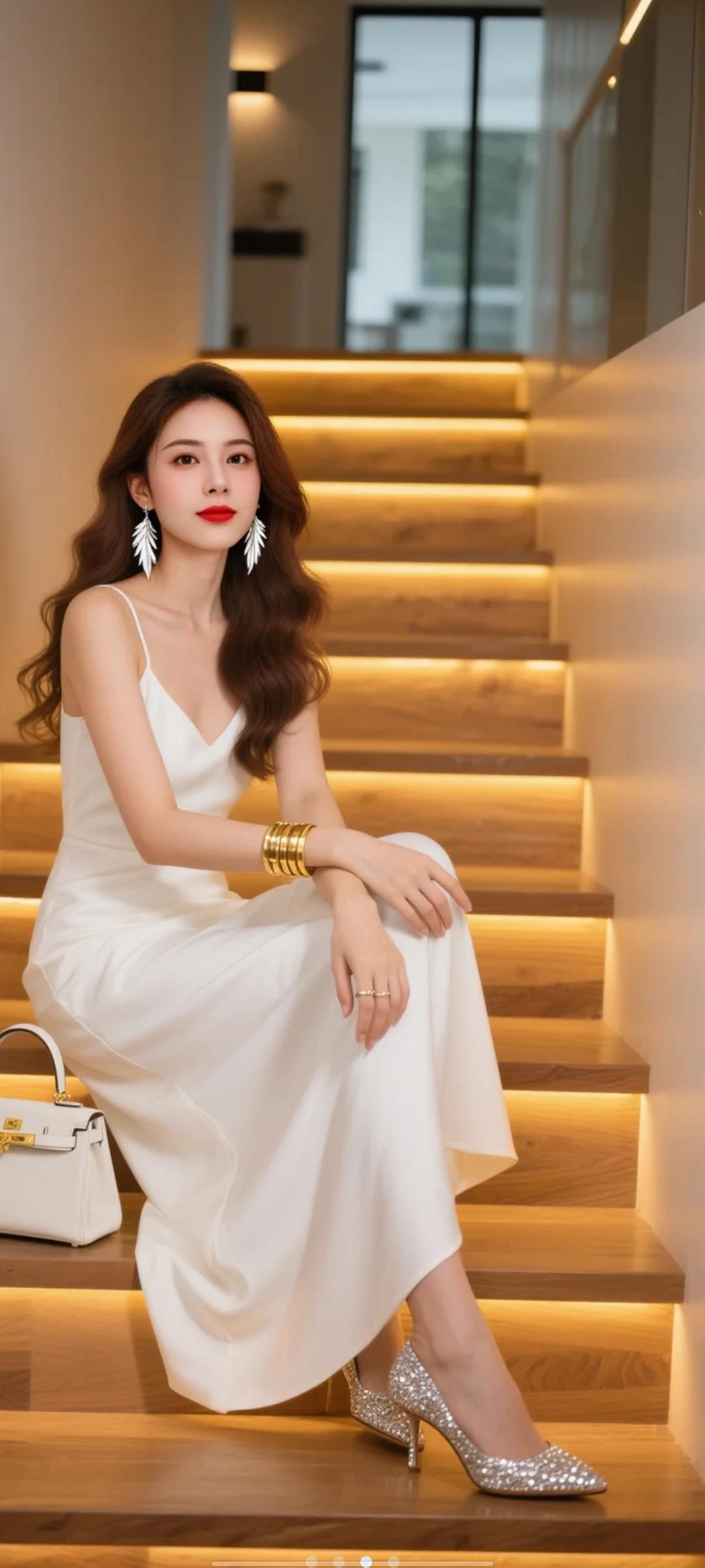 什么样的女性才叫有气质?优雅白裙，闪耀楼梯，时尚闪耀，尽显魅力！