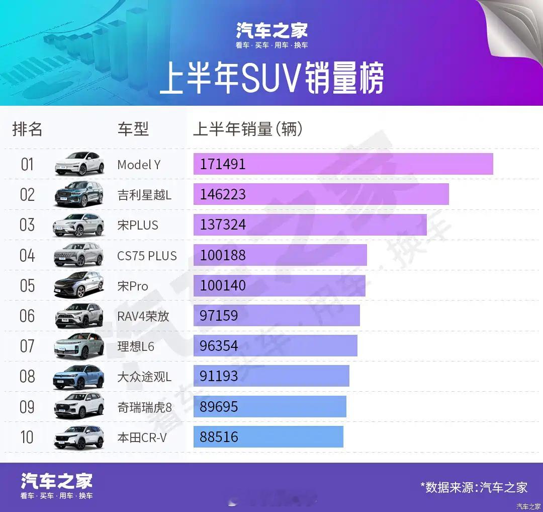 2025年上半年SUV销量榜来了！ModelY不出意料夺冠，但你绝对想不到吉利